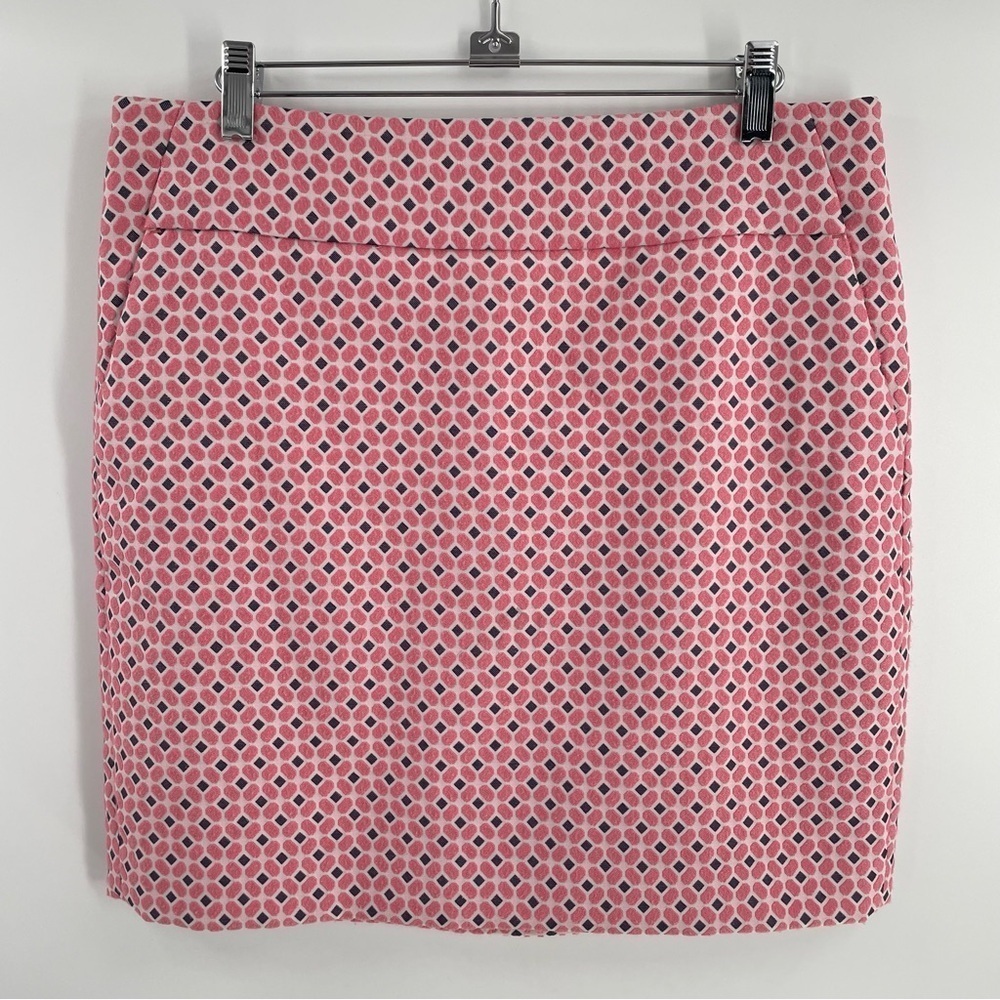 Ann Taylor Fun Pink Blue Geometric Print Zip Back Lined Pockets Mini Skirt